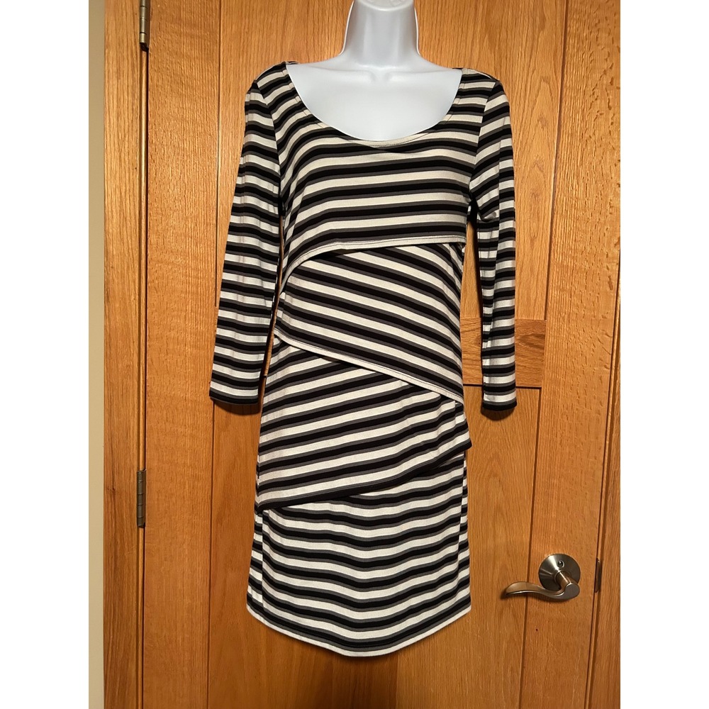 Vintage Y2K Chic Striped Sheath Dress XS Black Grey White Tiered 3/4 Sleeve